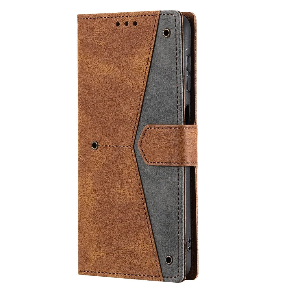 For iPhone Air Leather Case Splicing Stitching Wallet Phone Cover with Wrist Strap - Brown - 7