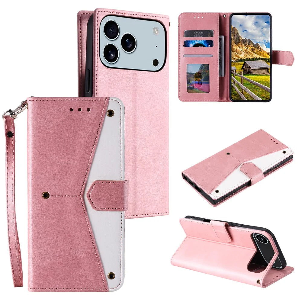 For iPhone 18 Pro Max / 17 Pro Max Leather Case Splicing Stitching Wallet Phone Cover with Wrist Strap - Rose Gold - 1