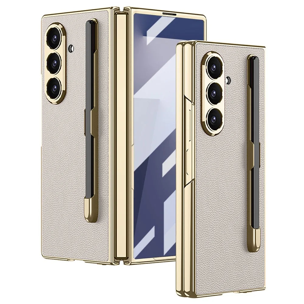 GKK For Samsung Galaxy Z Fold7 5G Case with Stylus Slot Electroplating PU PC Tempered Glass Phone Cover - Titanium Grey - 1