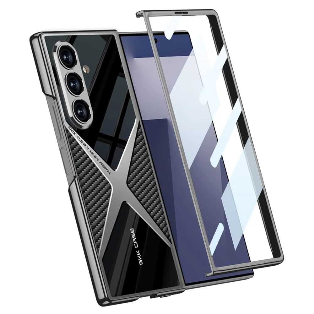 GKK For Samsung Galaxy Z Fold7 5G Case PU Leather + PC Phone Cover with Front Screen Protector - Carbon Fiber Texture - 2
