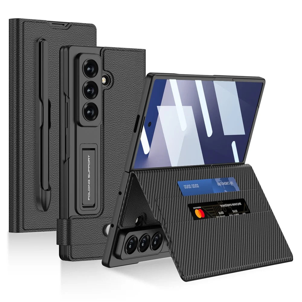 GKK For Samsung Galaxy Z Fold7 5G Case Card Slot PC + PU Flip Phone Cover with Screen Film, Stylus - Carbon Fiber Texture - 1