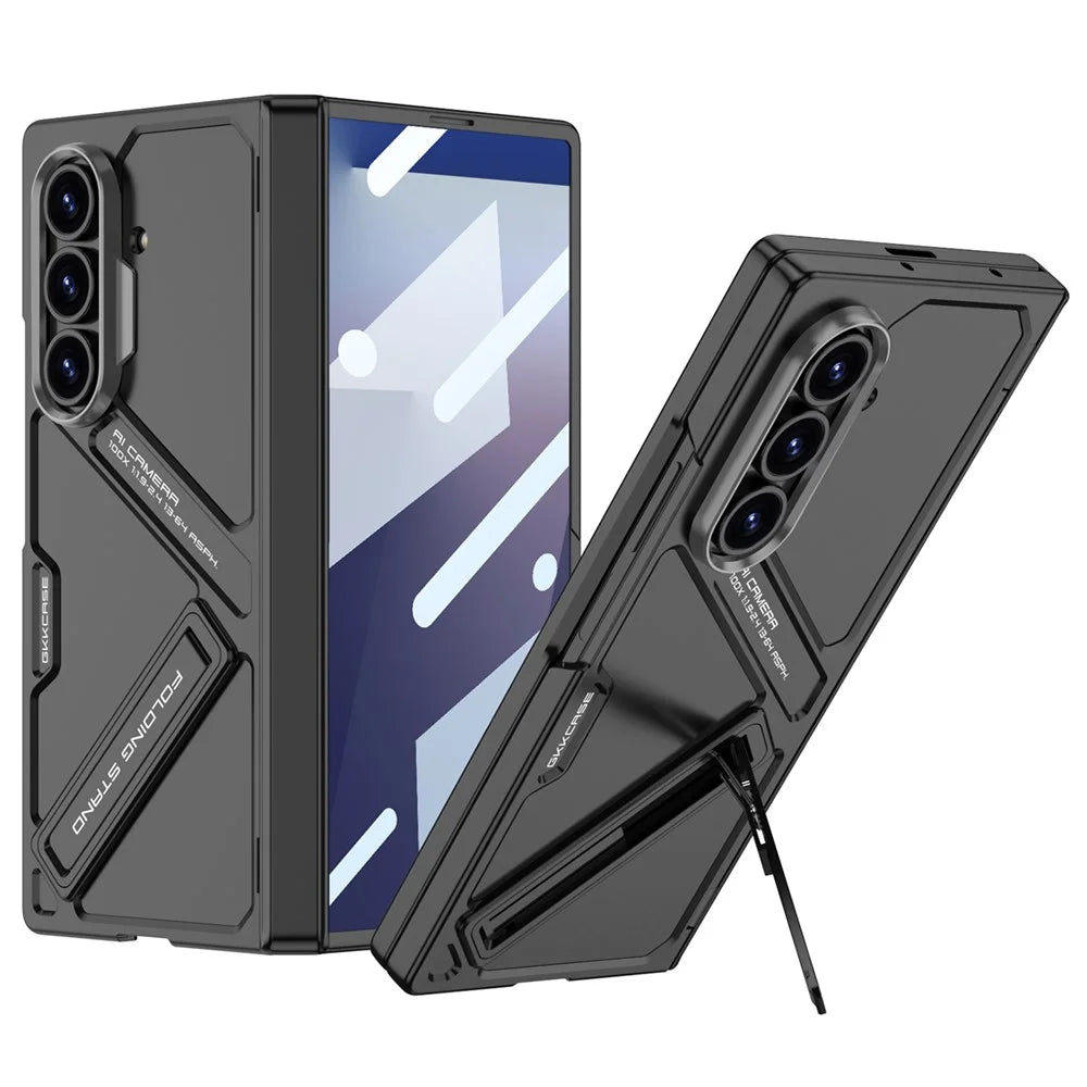 GKK For Samsung Galaxy Z Fold7 5G Kickstand Case Hinge Protection PC Phone Cover with Tempered Glass Film - Black - 1