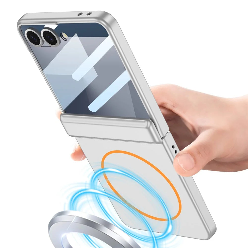 GKK For Samsung Galaxy Z Flip7 5G Magnetic Case Hinge Protection PC + Tempered Glass Slim Phone Cover - Silver - 2