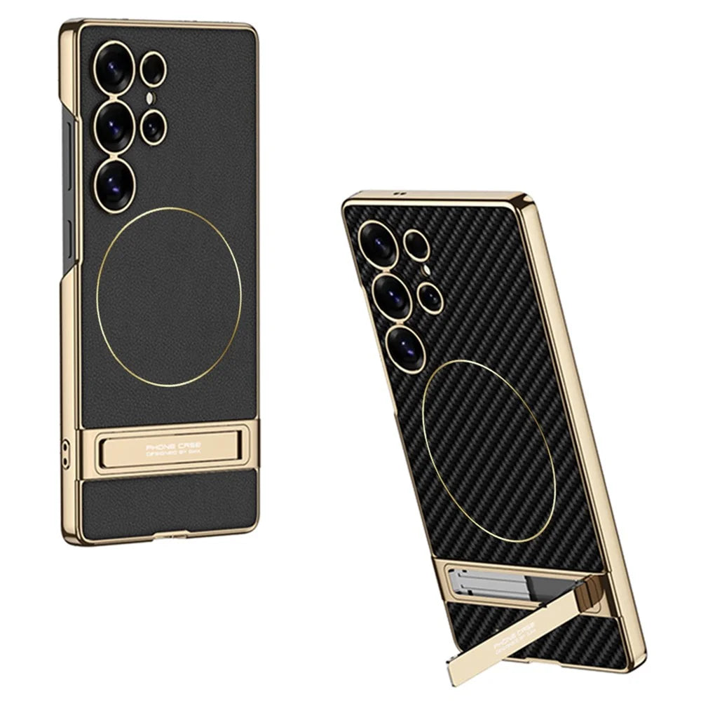 GKK For Samsung Galaxy S24 Ultra Case Electroplating PU + PC Kickstand Phone Cover - Black - 6