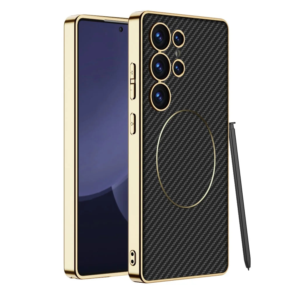 GKK For Samsung Galaxy S24 Ultra Case Electroplating PU + PC + TPU Phone Cover Support Wireless Charging - Carbon Fiber Texture - 1