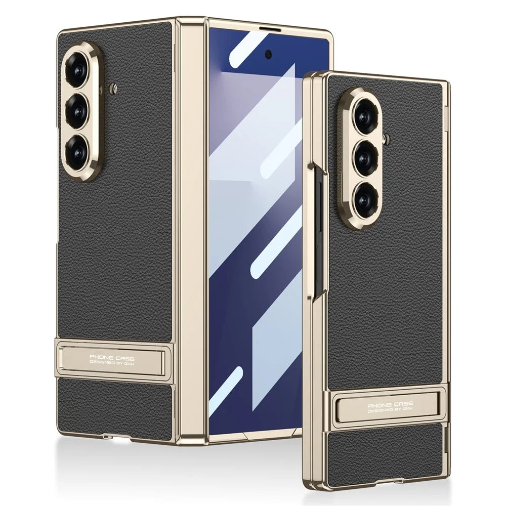 GKK For Samsung Galaxy Z Fold7 5G Kickstand Case Magnetic Hinge Protection PU + PC + Tempered Glass Phone Cover - Black - 1
