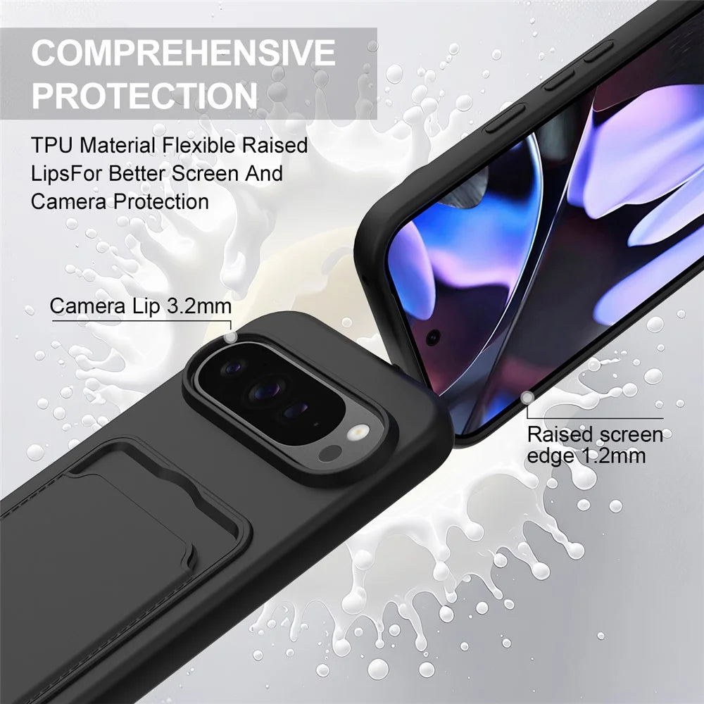 For Google Pixel 9 Pro XL Liquid Silicone Case  Phone Back Cover with Card Holder and Short Strap - Black - 7