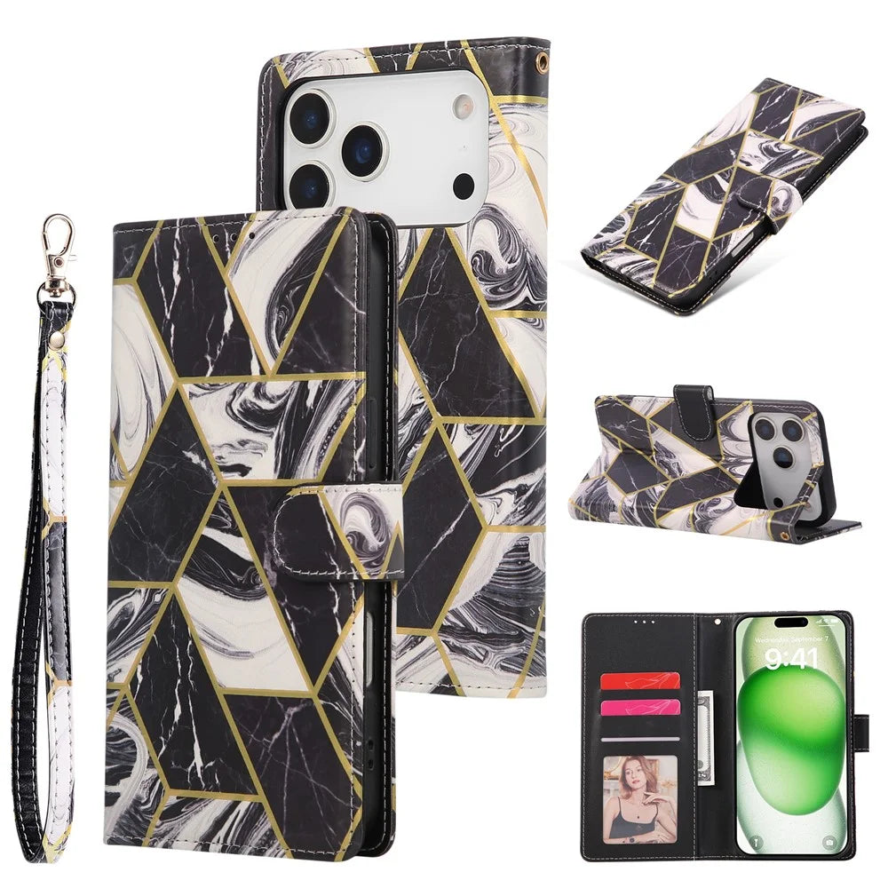 For iPhone 18 Pro Max / 17 Pro Max Case Lacquered Marble Pattern Leather Phone Cover with Wrist Strap - Black - 1