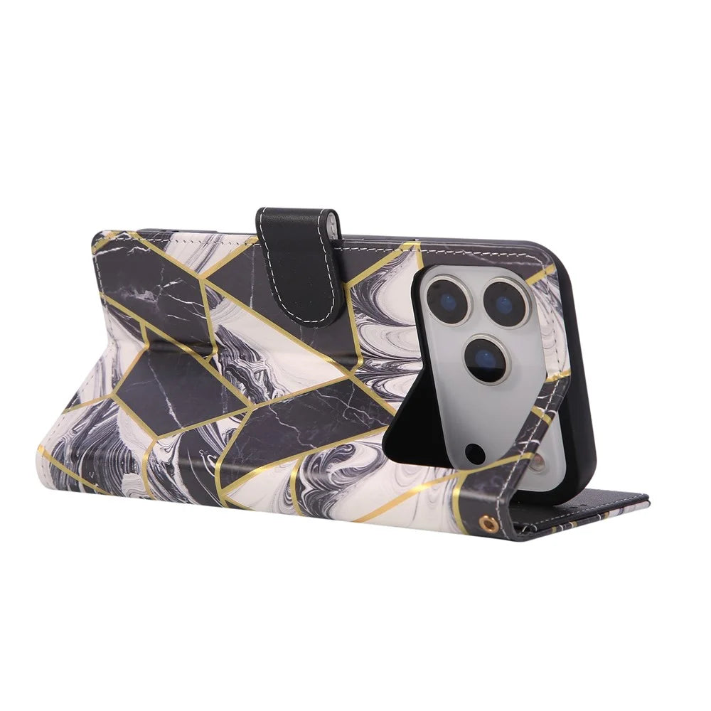 For iPhone 18 Pro Max / 17 Pro Max Case Lacquered Marble Pattern Leather Phone Cover with Wrist Strap - Black - 2