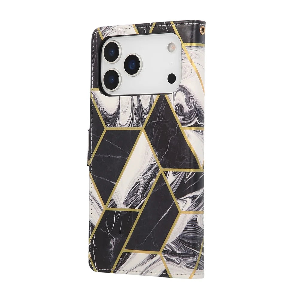 For iPhone 18 Pro / 17 Pro Case Lacquered Marble Pattern Leather Phone Cover with Wrist Strap - Black - 6
