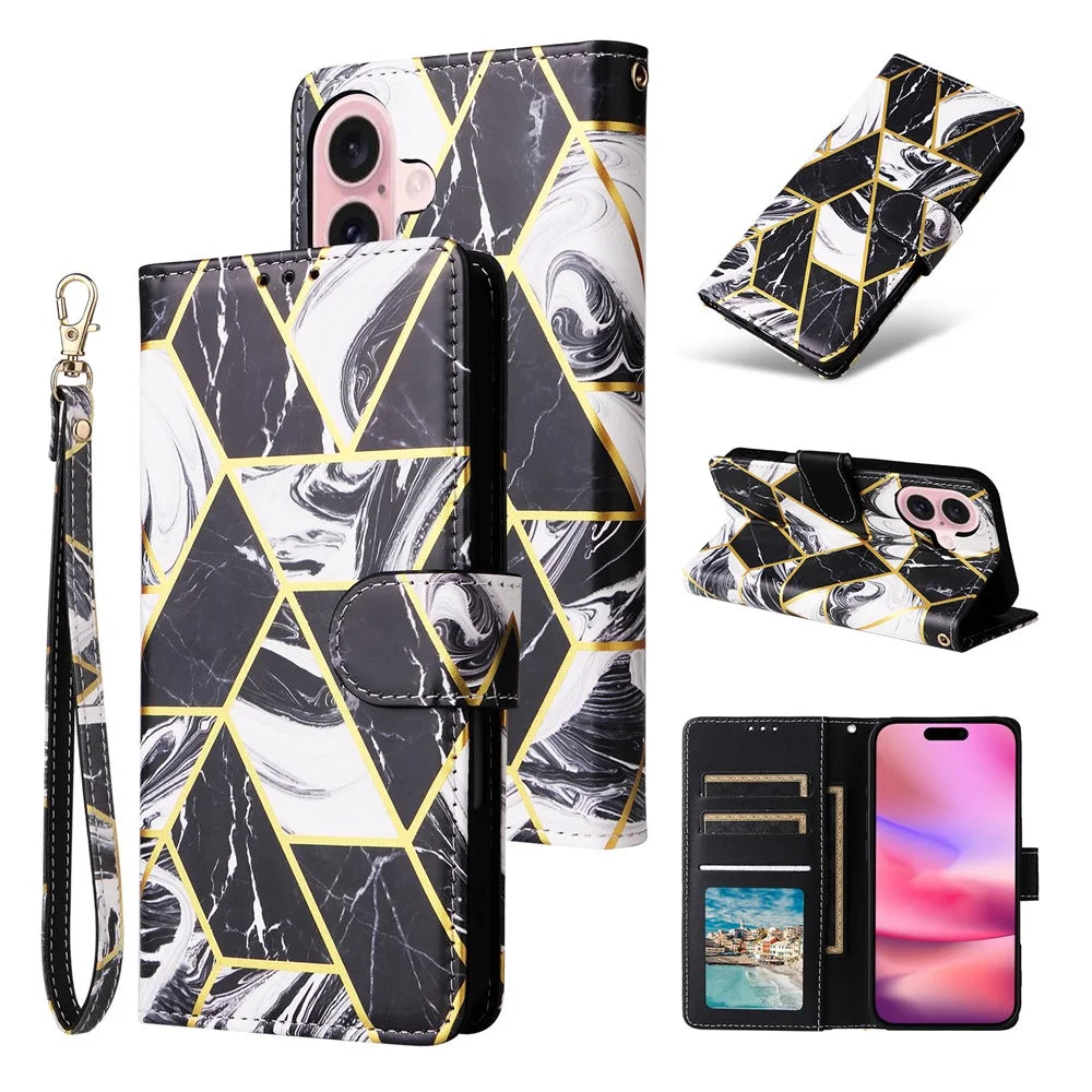 For iPhone 17 Case Lacquered Marble Pattern Leather Phone Cover with Wrist Strap - Black - 1