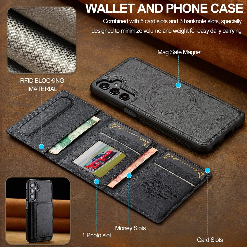 LC.IMEEKE L5 For Samsung	Galaxy A17 5G / A17 4G Magnetic Phone Case Leather Back Cover with Detachable Card Holder - Black - 5