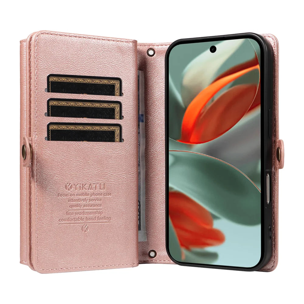 YIKATU For Google Pixel 9 Pro XL / Google Pixel 10 Pro XL Case  YK-008 Zipper Wallet Leather Phone Cover with Shoulder Strap - Rose Gold - 3