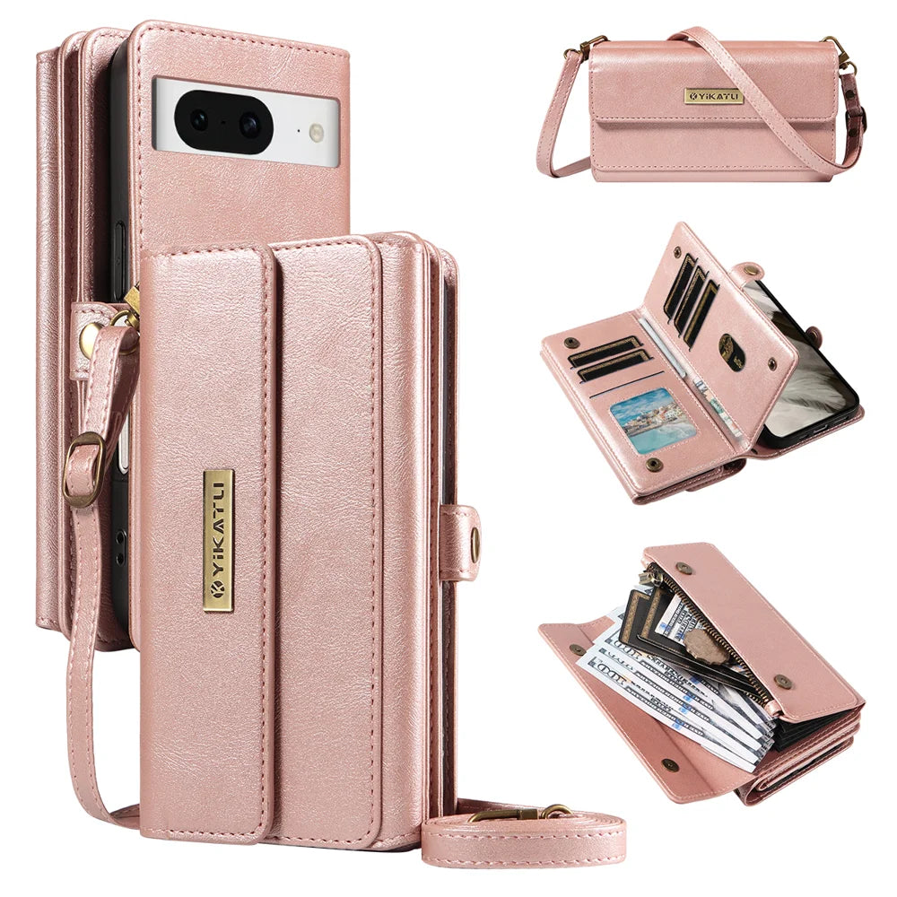 YIKATU For Google Pixel 8 Case  YK-008 Zipper Wallet Leather Phone Cover with Shoulder Strap - Rose Gold - 1