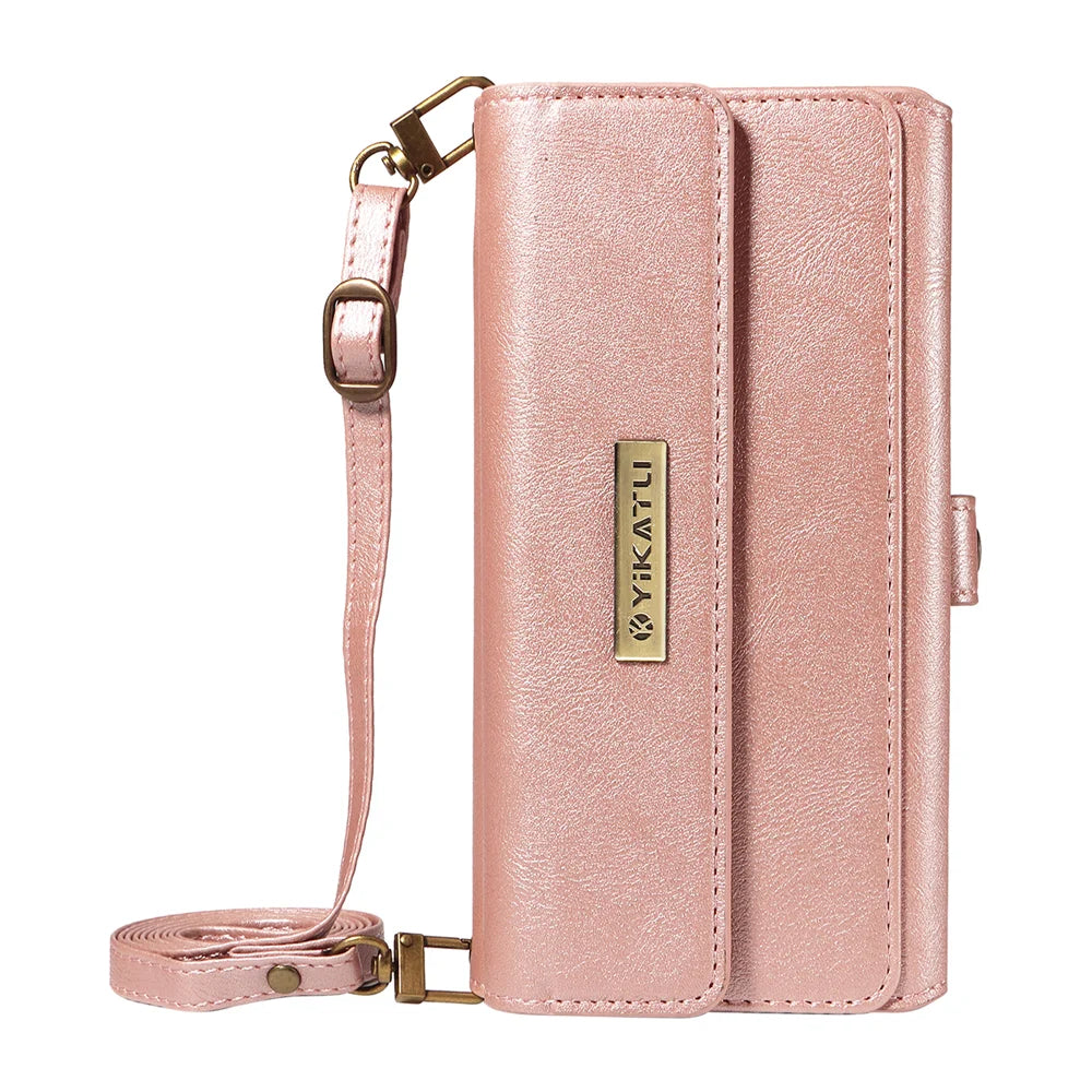 YIKATU For iPhone 16 Plus Case  YK-008 Zipper Wallet Leather Phone Cover with Shoulder Strap - Rose Gold - 7