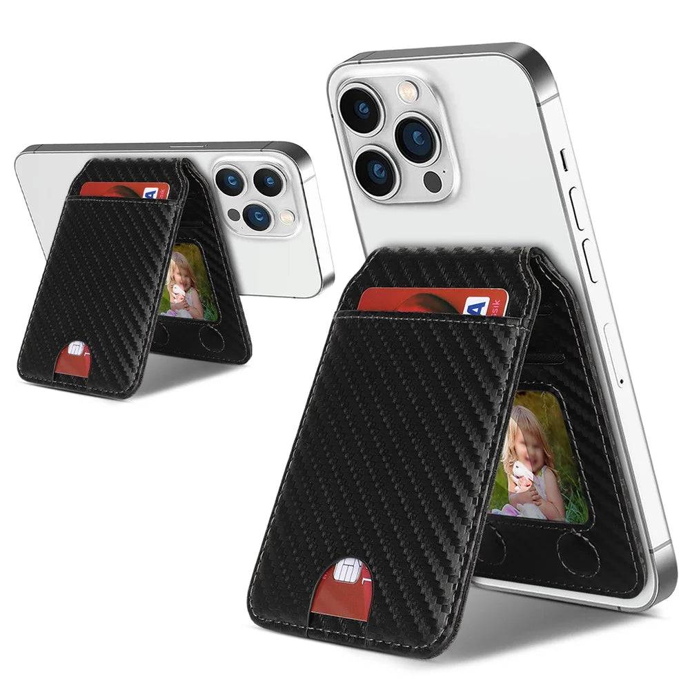 Magnetic Cellphone Back Card Bag 5 Card Slots PU Leather Phone Kickstand - Carbon Fiber / Black - 2