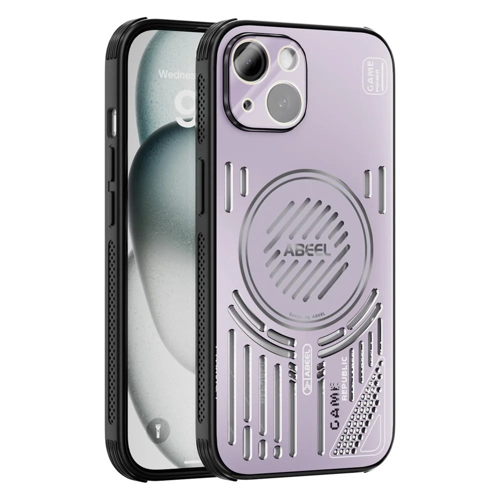 ABEEL For iPhone 13 Magnetic Case Aluminium Alloy + PC + TPU Hollow Heat Dissipation Phone Cover - Pink Purple - 1