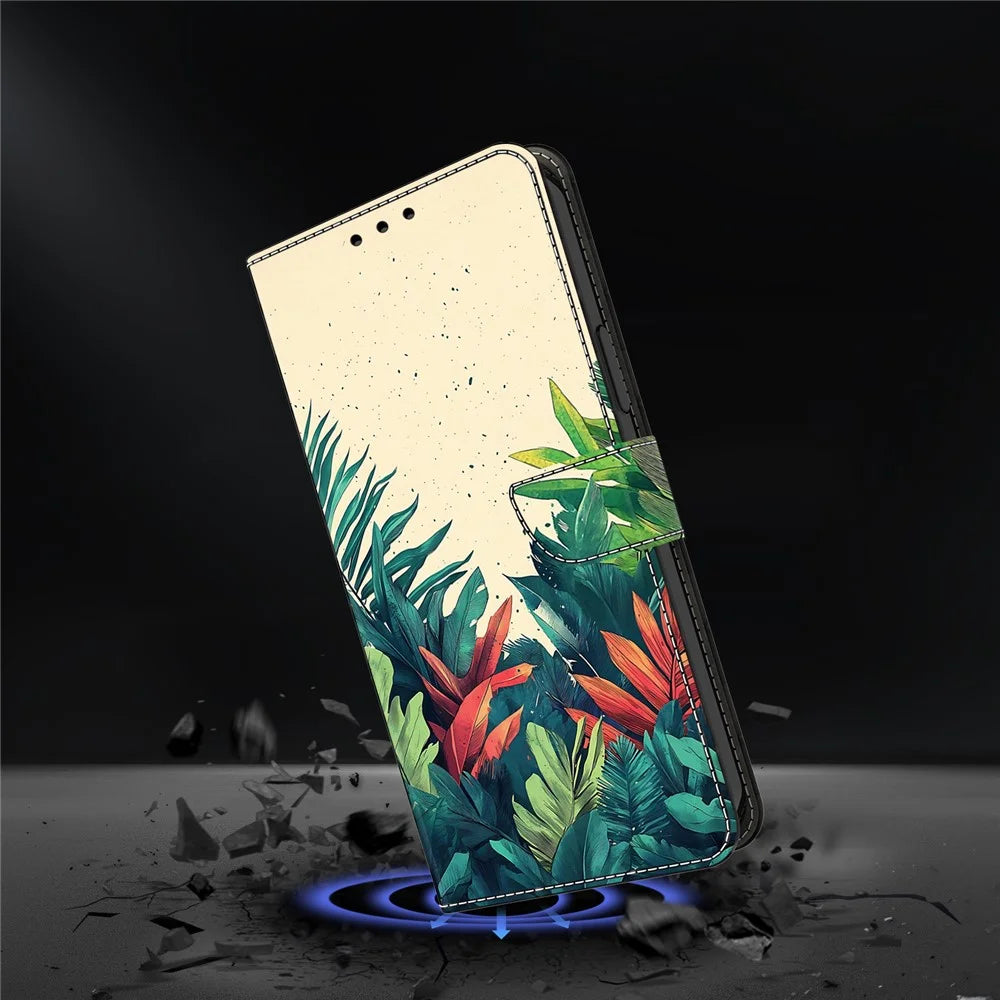 For iPhone 17 Wallet Case Pattern Printing PU Leather Flip Stand Phone Cover - Leaves - 4