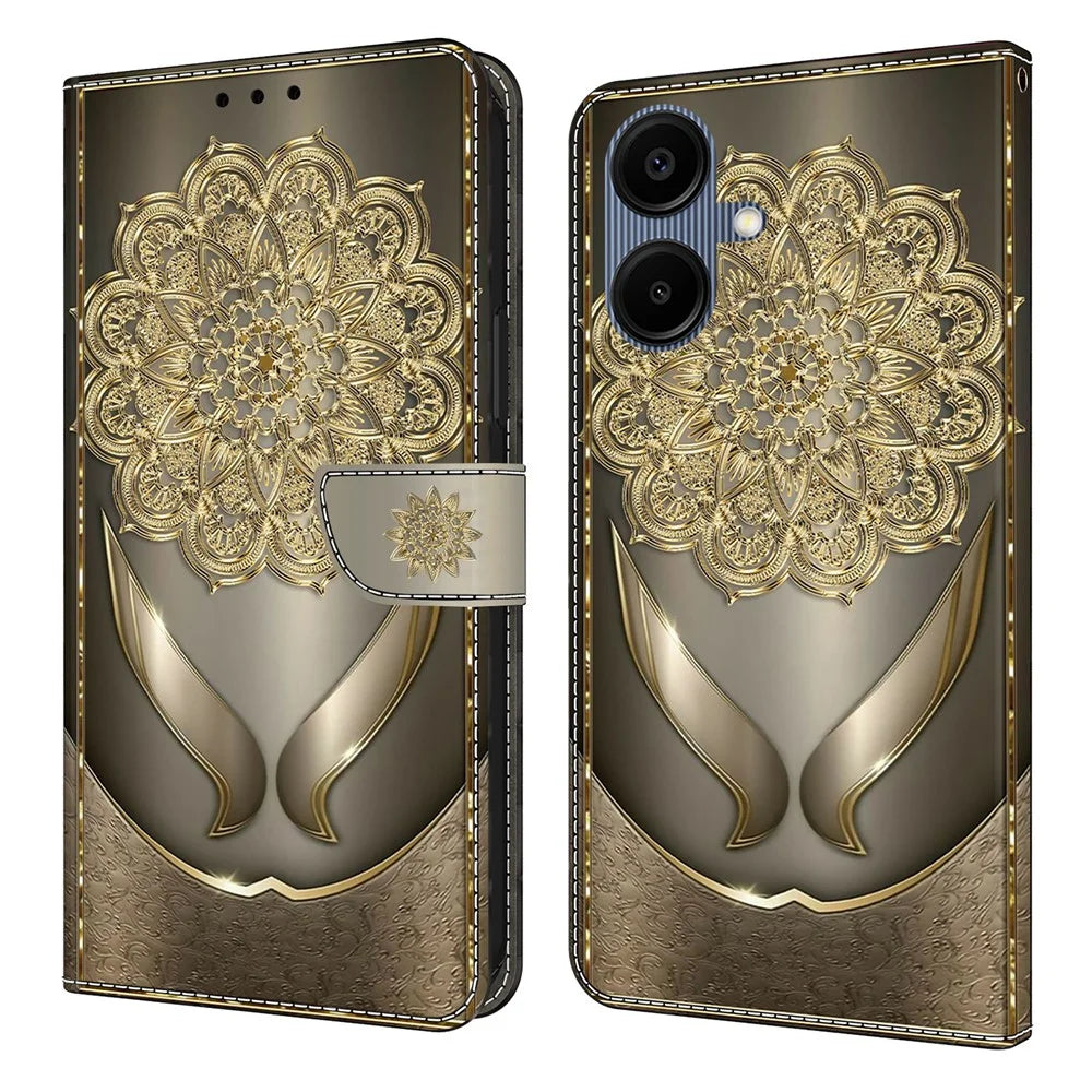 For Samsung Galaxy A08 5G / A08 4G / A07 5G / A07 4G Wallet Case Pattern Printing PU Leather Flip Stand Phone Cover - Shining Golden Flowers - 1