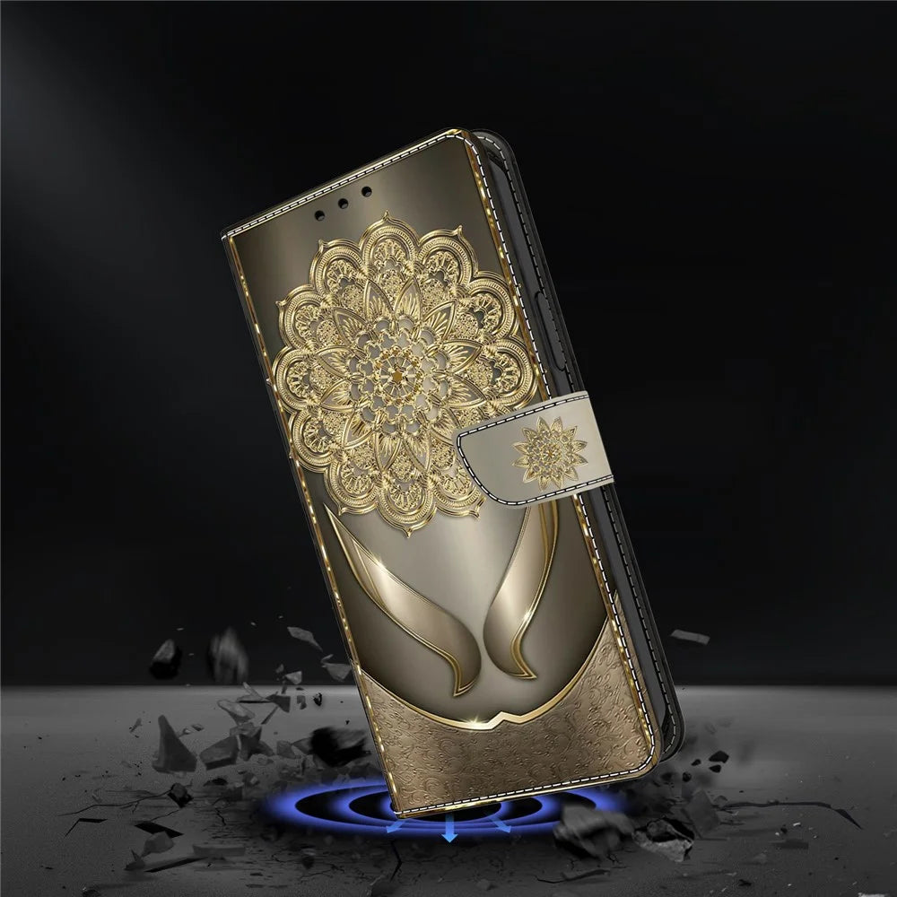 For Samsung Galaxy A08 5G / A08 4G / A07 5G / A07 4G Wallet Case Pattern Printing PU Leather Flip Stand Phone Cover - Shining Golden Flowers - 4