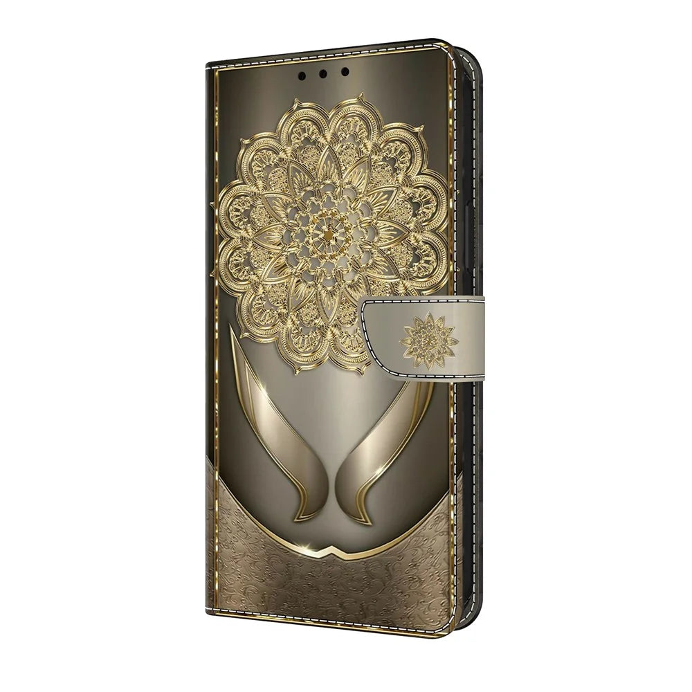For Samsung Galaxy A08 5G / A08 4G / A07 5G / A07 4G Wallet Case Pattern Printing PU Leather Flip Stand Phone Cover - Shining Golden Flowers - 5