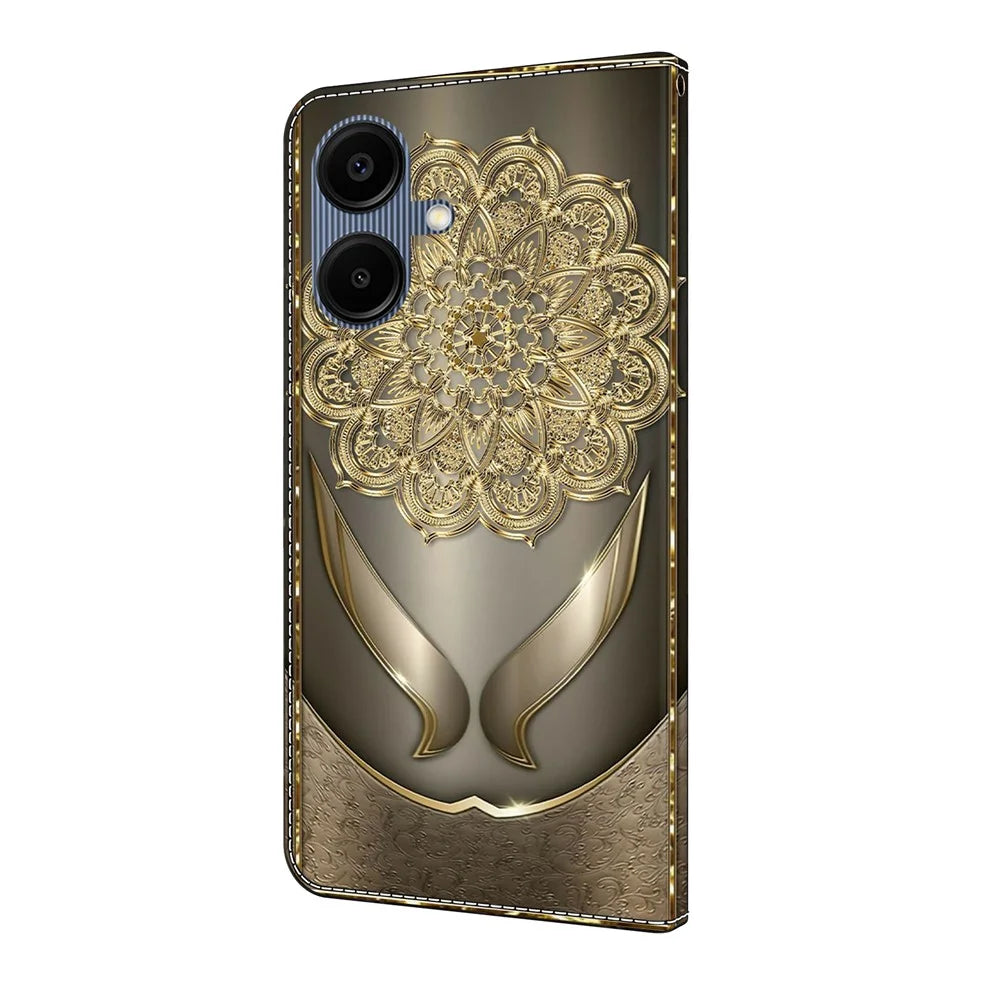 For Samsung Galaxy A08 5G / A08 4G / A07 5G / A07 4G Wallet Case Pattern Printing PU Leather Flip Stand Phone Cover - Shining Golden Flowers - 6