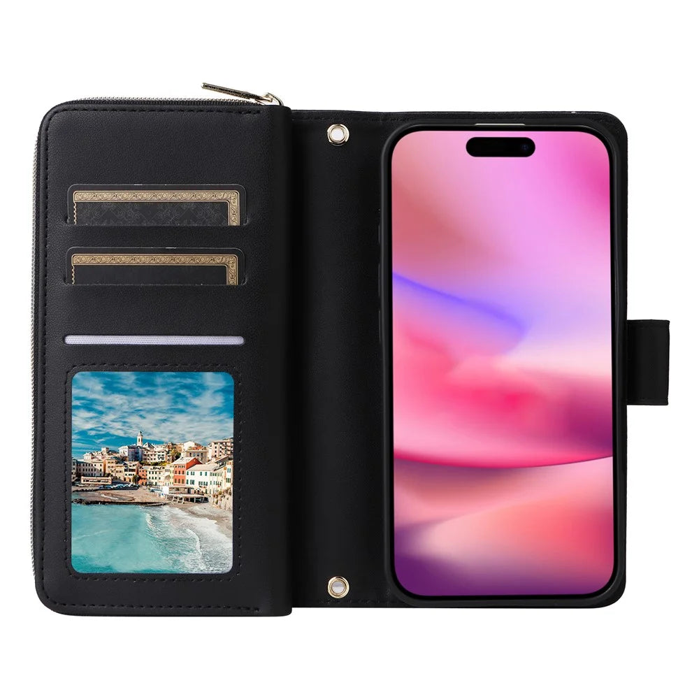 For iPhone 17 Case 9 Card Slots Zipper Pocket PU Leather Cover with Wrist Strap - Black - 2