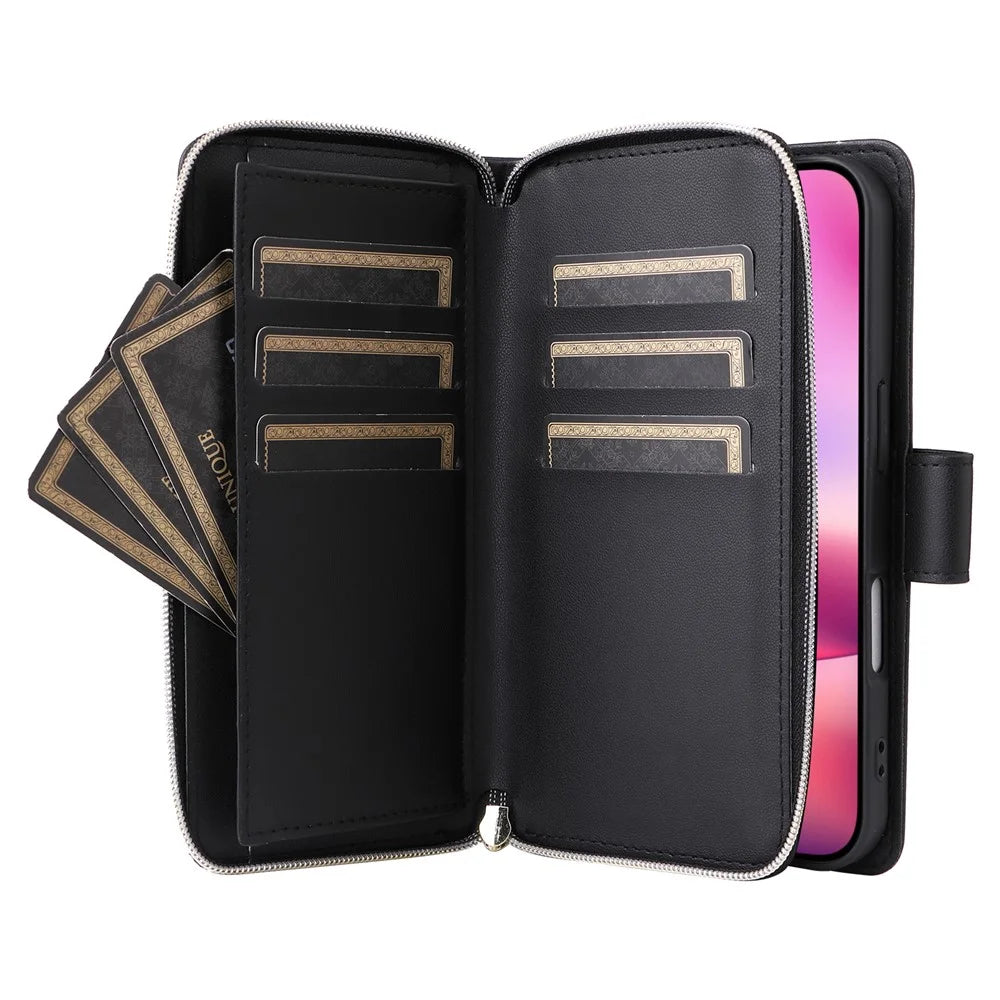 For iPhone 17 Case 9 Card Slots Zipper Pocket PU Leather Cover with Wrist Strap - Black - 3