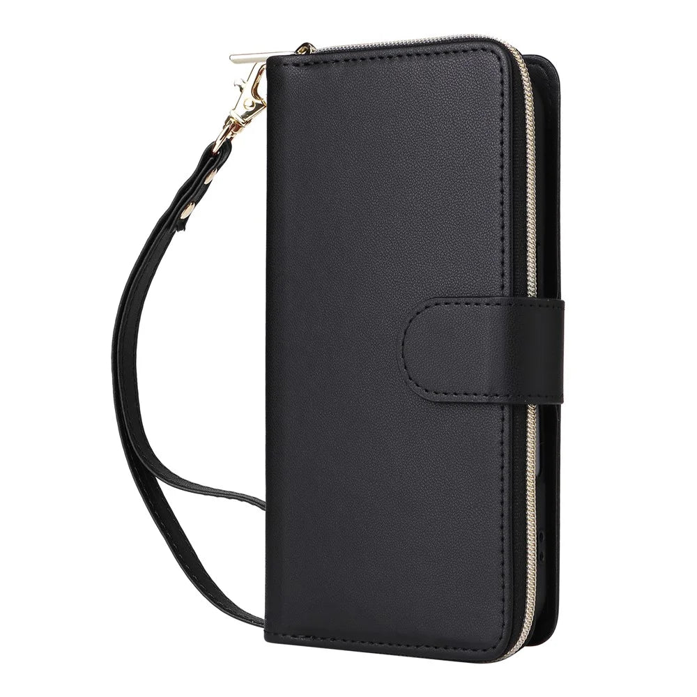 For iPhone 17 Case 9 Card Slots Zipper Pocket PU Leather Cover with Wrist Strap - Black - 5