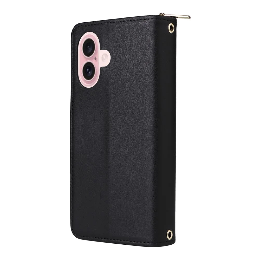 For iPhone 17 Case 9 Card Slots Zipper Pocket PU Leather Cover with Wrist Strap - Black - 6