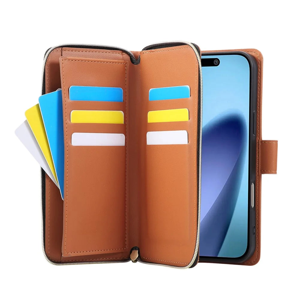 For iPhone 18 Pro Max / 17 Pro Max Case 9 Card Slots Zipper Pocket PU Leather Cover with Wrist Strap - Brown - 2