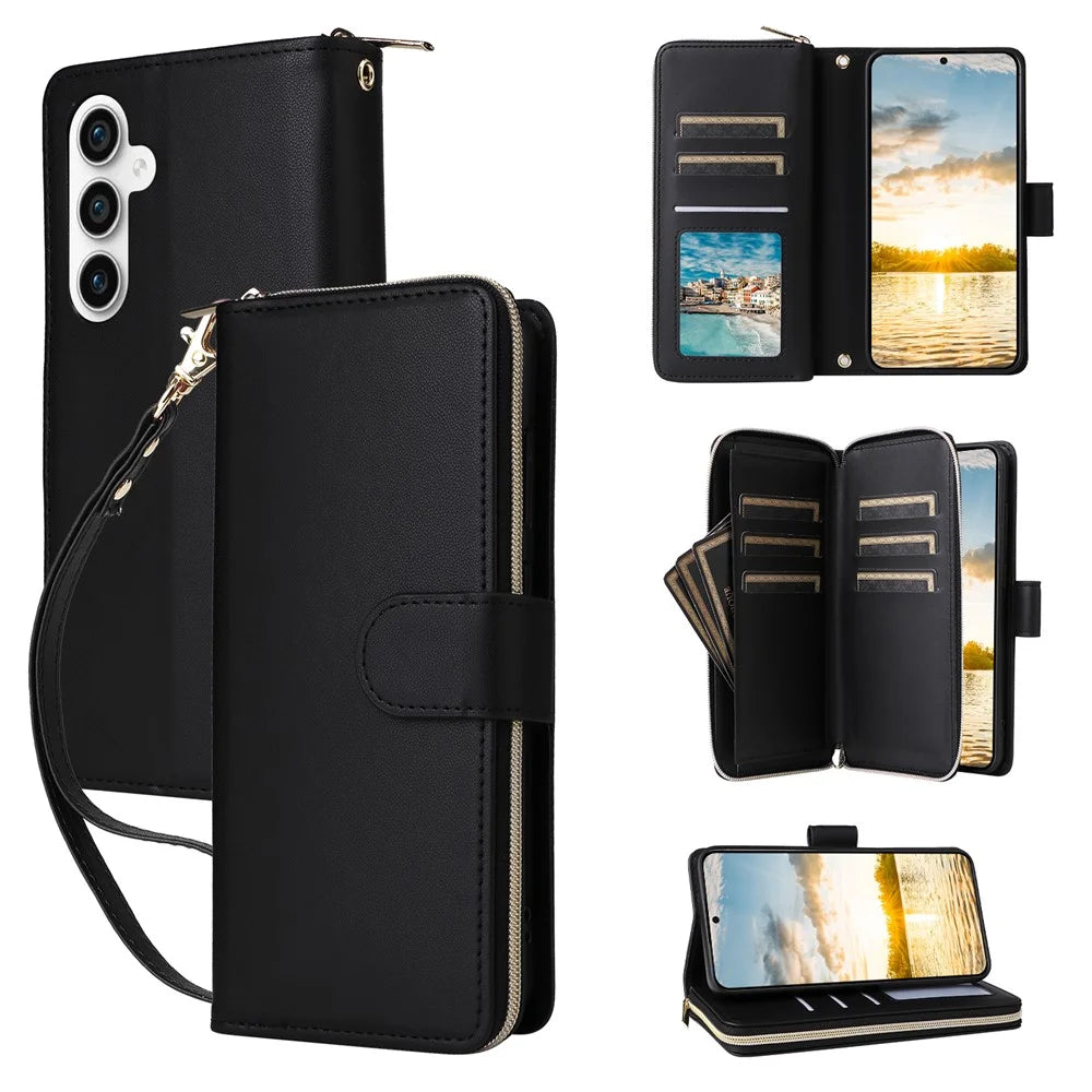For Samsung Galaxy S25 FE Case 9 Card Slots Zipper Pocket PU Leather Phone Cover with Wrist Strap - Black - 1