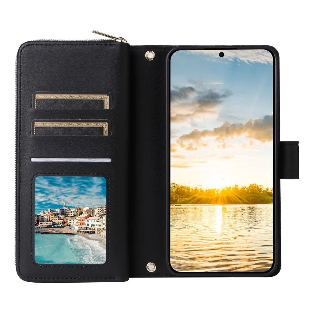 For Samsung Galaxy S25 FE Case 9 Card Slots Zipper Pocket PU Leather Phone Cover with Wrist Strap - Black - 2