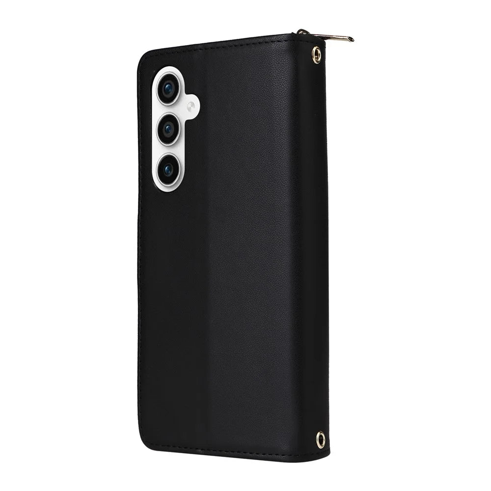 For Samsung Galaxy S25 FE Case 9 Card Slots Zipper Pocket PU Leather Phone Cover with Wrist Strap - Black - 6