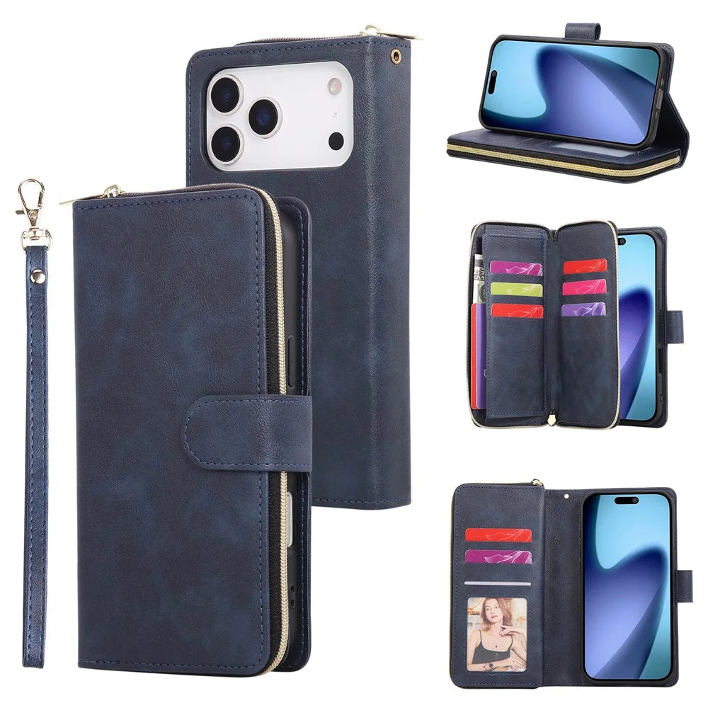 For iPhone 18 Pro Max / 17 Pro Max Case Zipper Pocket 9 Card Slots PU Leather Phone Cover with Hand Strap - Blue - 1