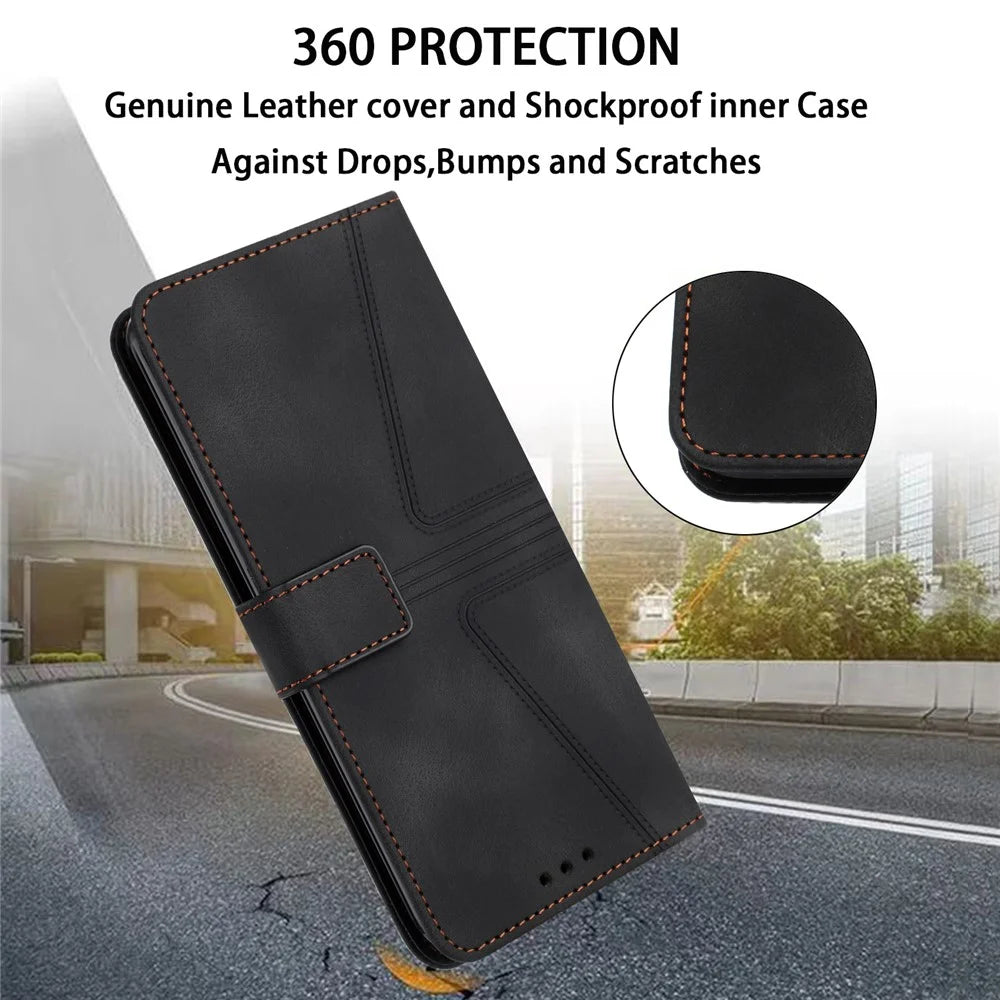 For Samsung Galaxy A08 5G / A07 4G Case Triangle Imprinted Anti-Scratch Phone Wallet Cover - Black - 6