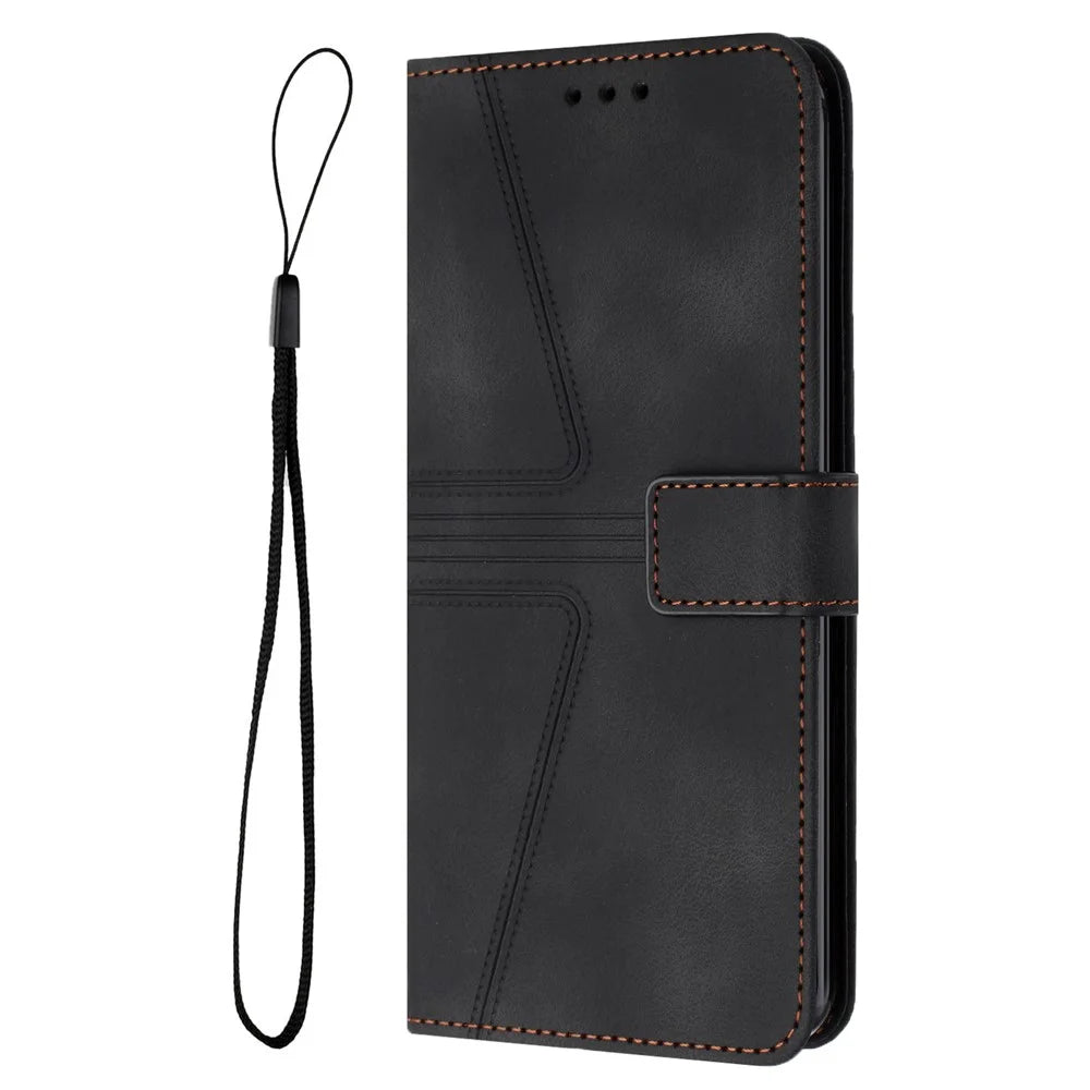 For Samsung Galaxy A08 5G / A07 4G Case Triangle Imprinted Anti-Scratch Phone Wallet Cover - Black - 7