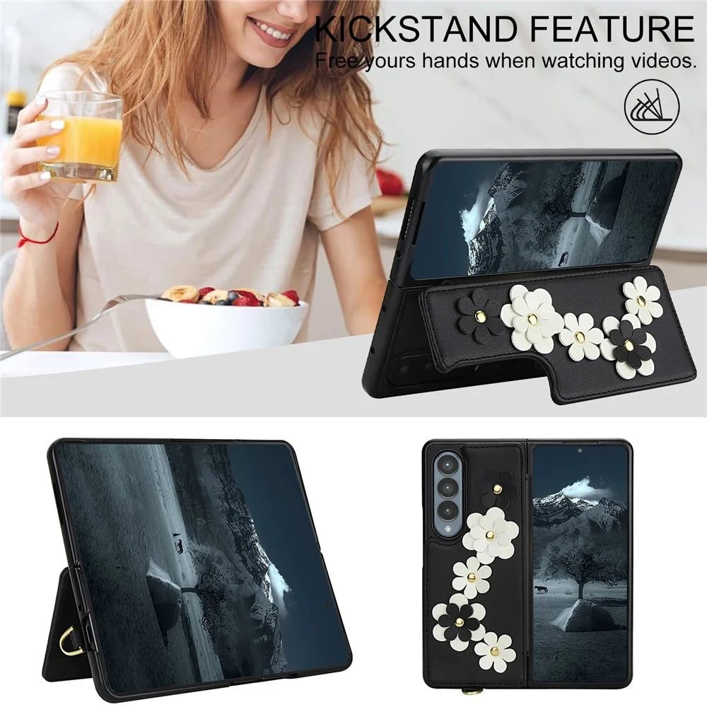 For Samsung Galaxy Z Fold4 5G Case Card Slots Leather Coated TPU Flower Phone Cover with 2 Straps - Black - 7