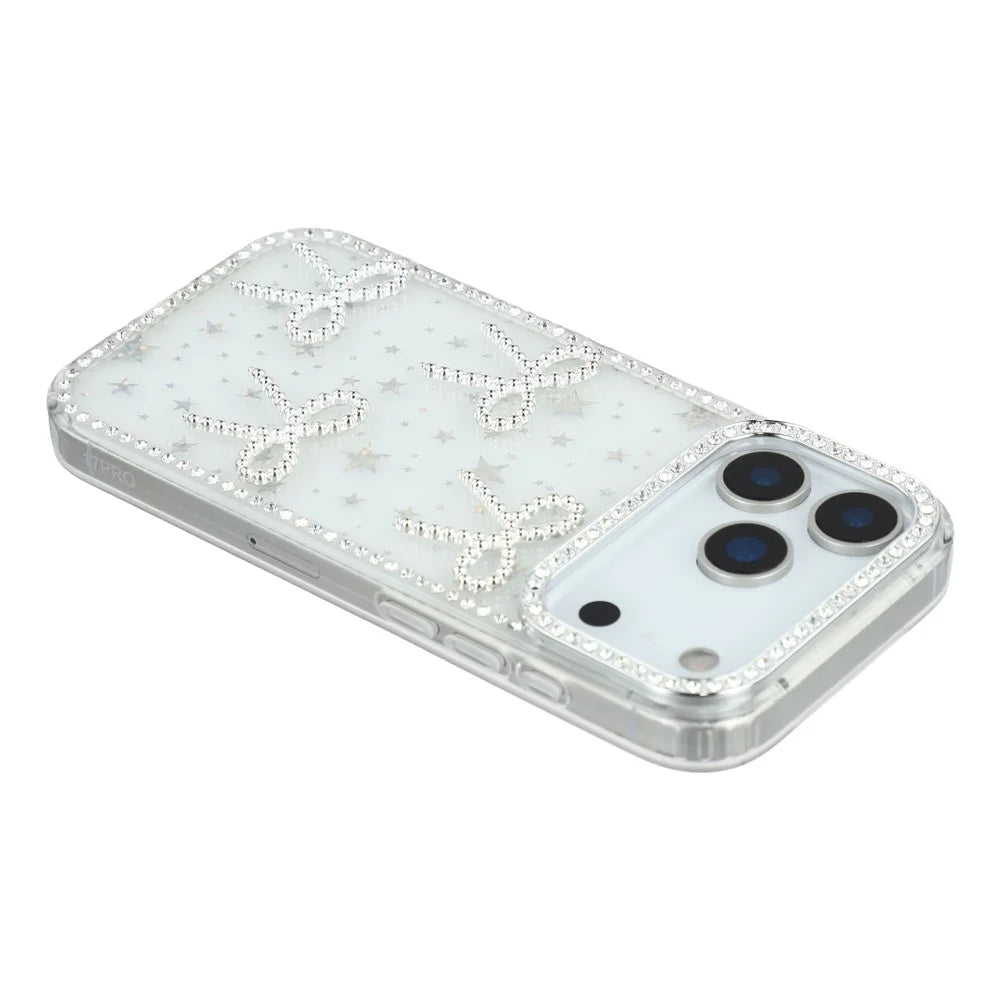 For iPhone 17 Pro Case Rhinestone Edge Butterfly Bow Decor TPU + PC IMD Phone Cover - Starry Transparent - 5