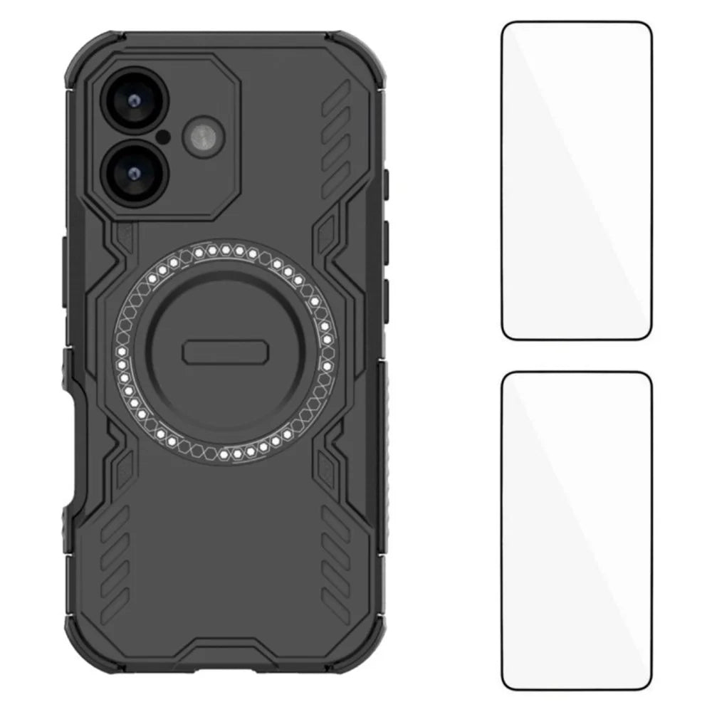 WANLONFENG DJ Series For iPhone 17 Magnetic Case PC TPU Phone Cover with 2Pcs Tempered Glass Film - Black - 1