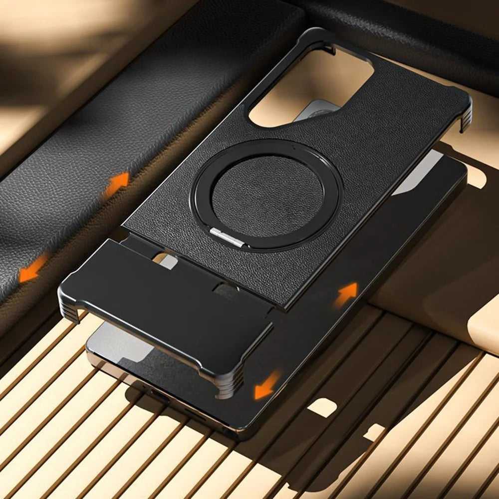 For Samsung Galaxy S25 Ultra Magnetic Case with Kickstand Borderless PU + Metal Drop Proof Phone Back Cover - Black - 6