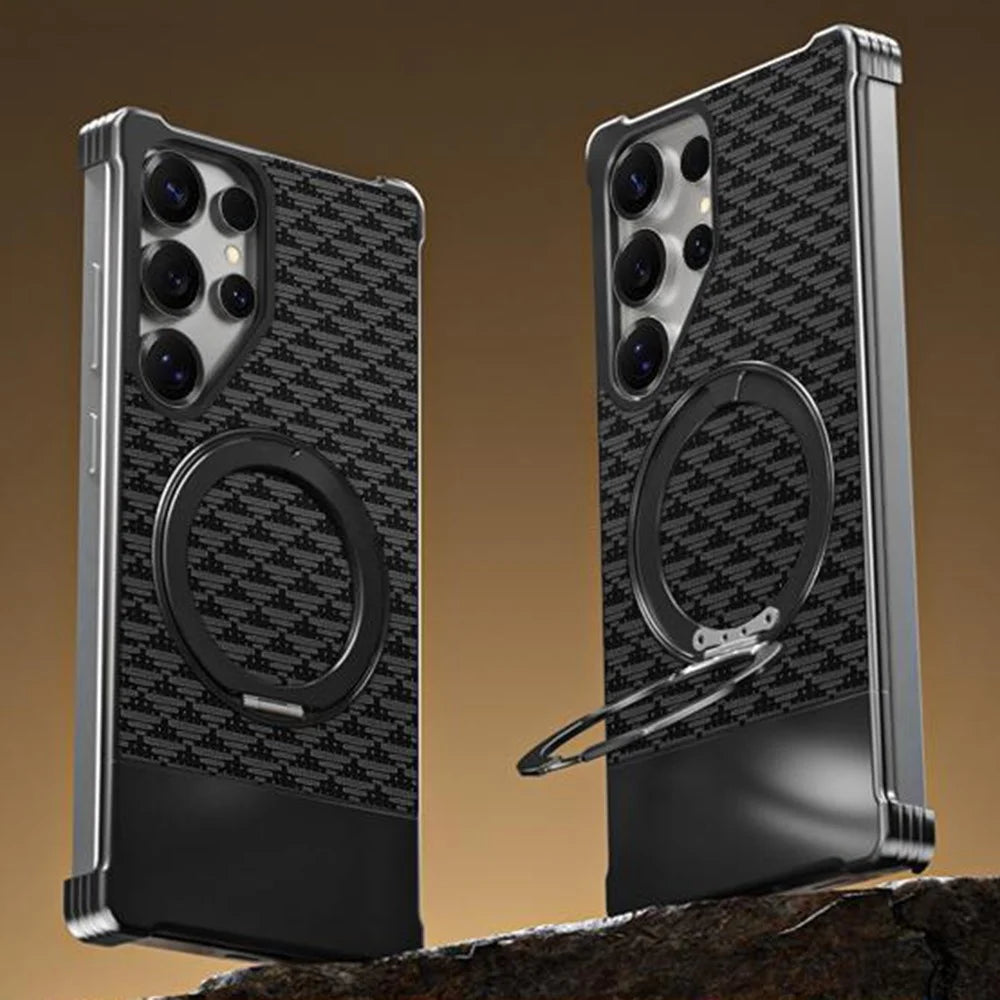 For Samsung Galaxy S25 Ultra Magnetic Case Borderless Textured PU + Metal Kickstand Phone Cover - Black - 1