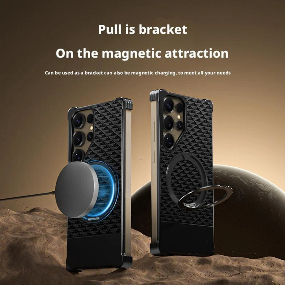 For Samsung Galaxy S25 Ultra Magnetic Case Borderless Textured PU + Metal Kickstand Phone Cover - Black - 3