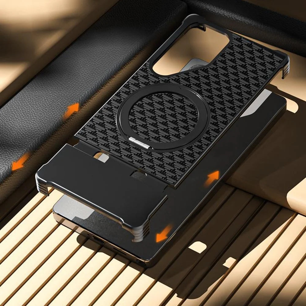 For Samsung Galaxy S25 Ultra Magnetic Case Borderless Textured PU + Metal Kickstand Phone Cover - Black - 4