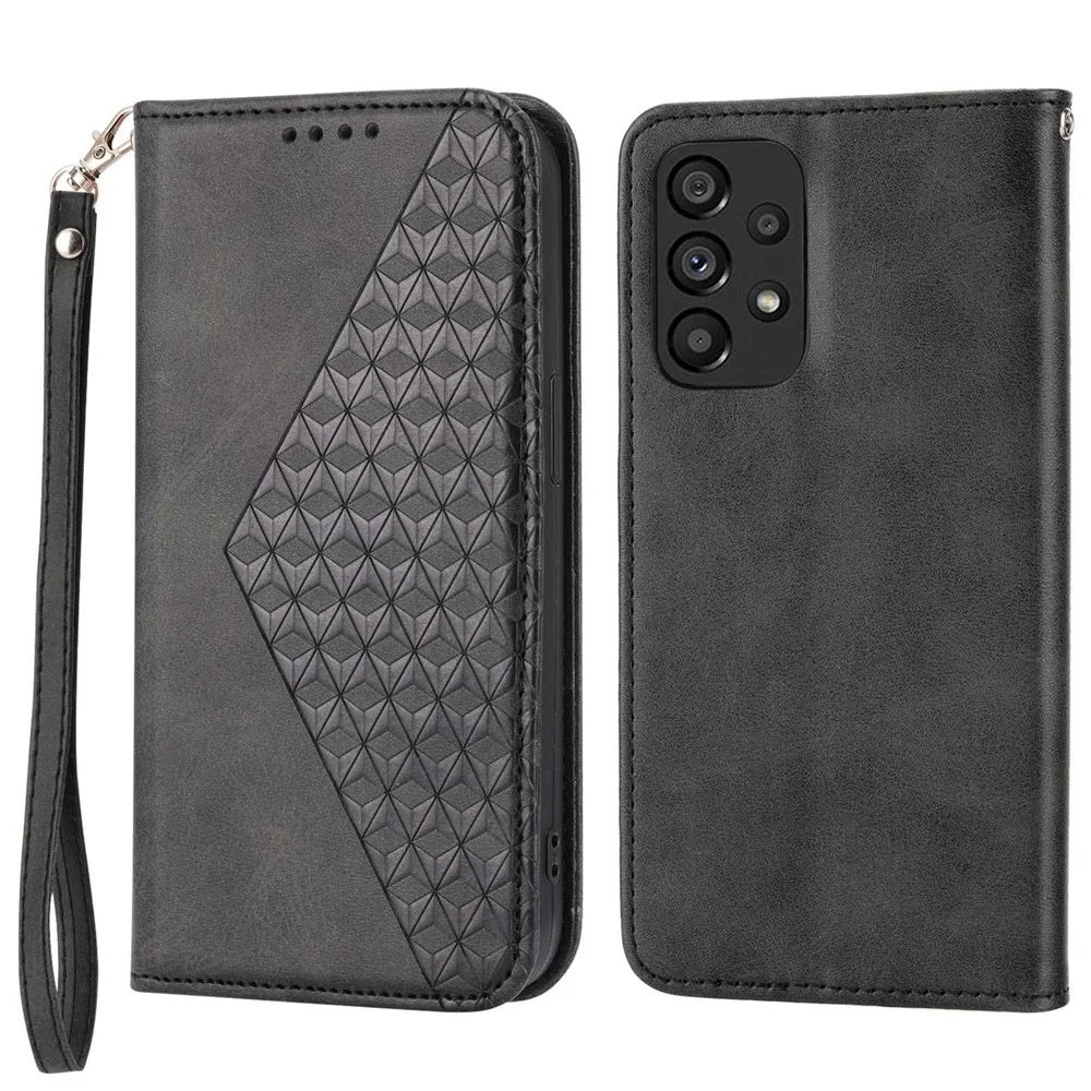 For Samsung Galaxy A23 5G (Global Version) / 4G Calf Texture PU Leather Case Magnetic Auto Closing Wallet Imprinted Rhombus Pattern Phone Stand Cover with Strap - Black - 1