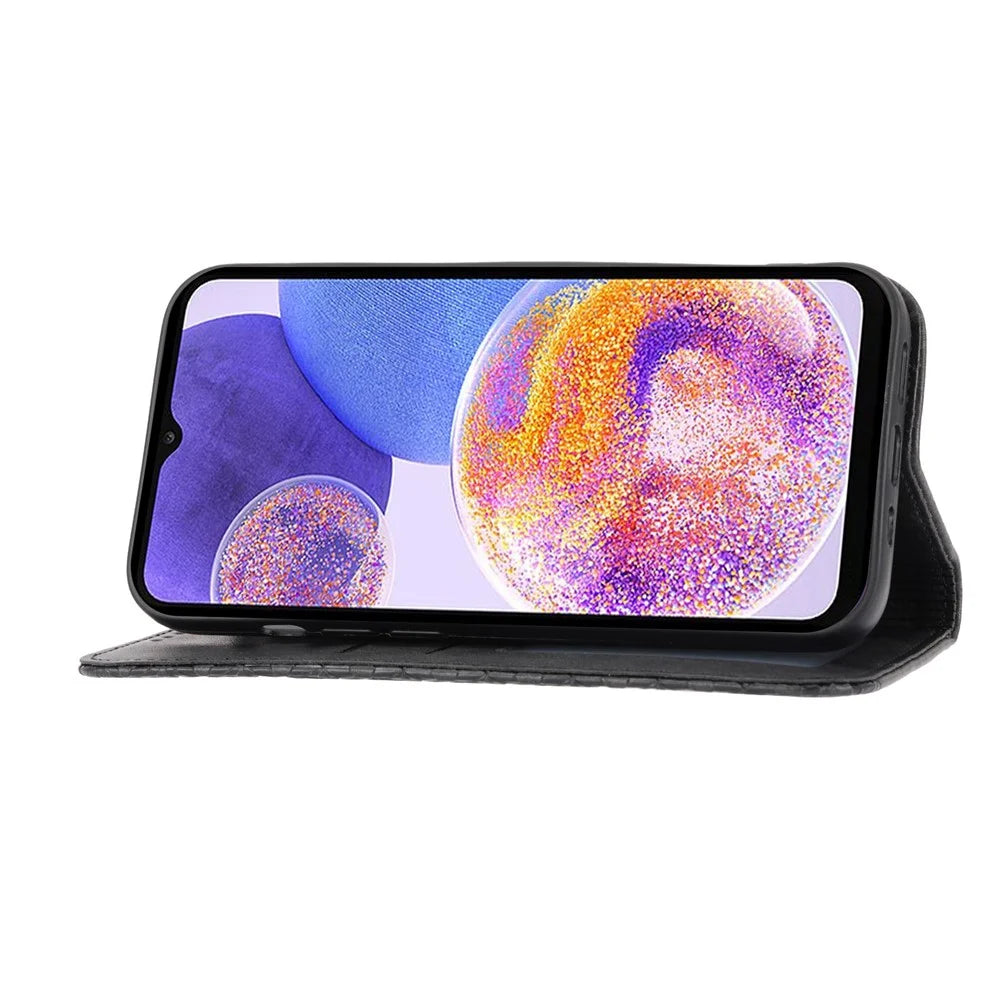 For Samsung Galaxy A23 5G (Global Version) / 4G Calf Texture PU Leather Case Magnetic Auto Closing Wallet Imprinted Rhombus Pattern Phone Stand Cover with Strap - Black - 2