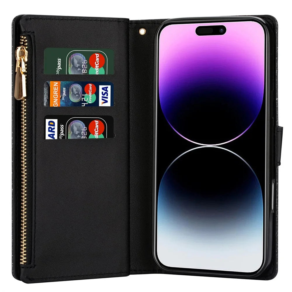 For iPhone 18 Pro Max / 17 Pro Max Case Starry Sky Carving Leather Wallet Phone Cover with Wrist Strap - Black - 2