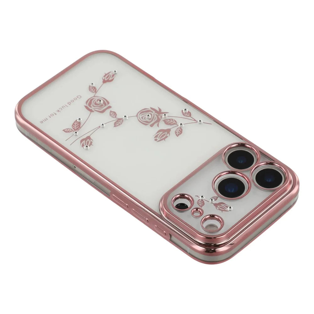 KADEM For iPhone 17 Pro Case Flower Rhinestone Decor TPU Phone Cover - Rose Gold - 5
