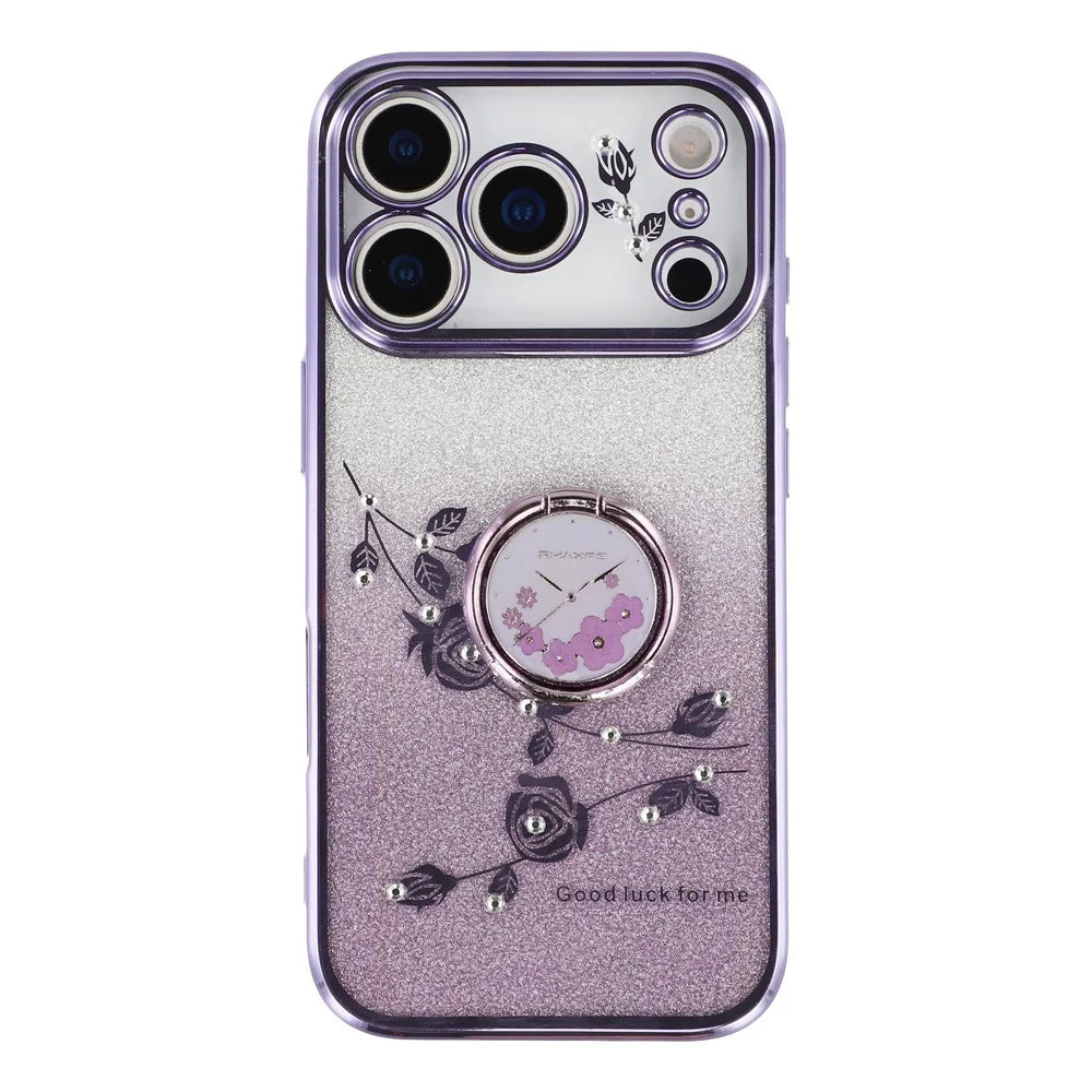 KADEM For iPhone 17 Pro Max Case Ring Kickstand TPU Flowers Phone Cover Gradient Glitter - Purple - 3