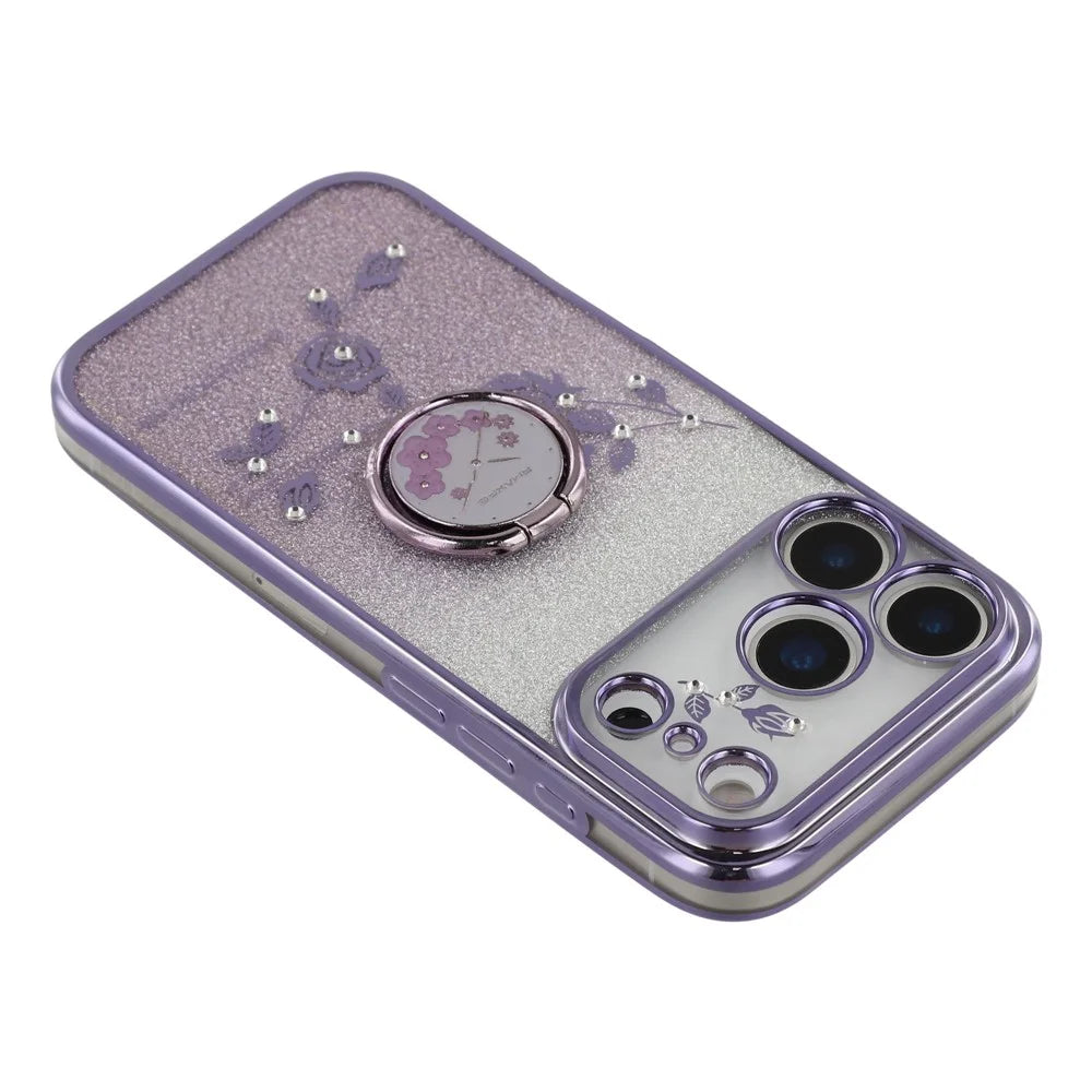 KADEM For iPhone 17 Pro Max Case Ring Kickstand TPU Flowers Phone Cover Gradient Glitter - Purple - 6
